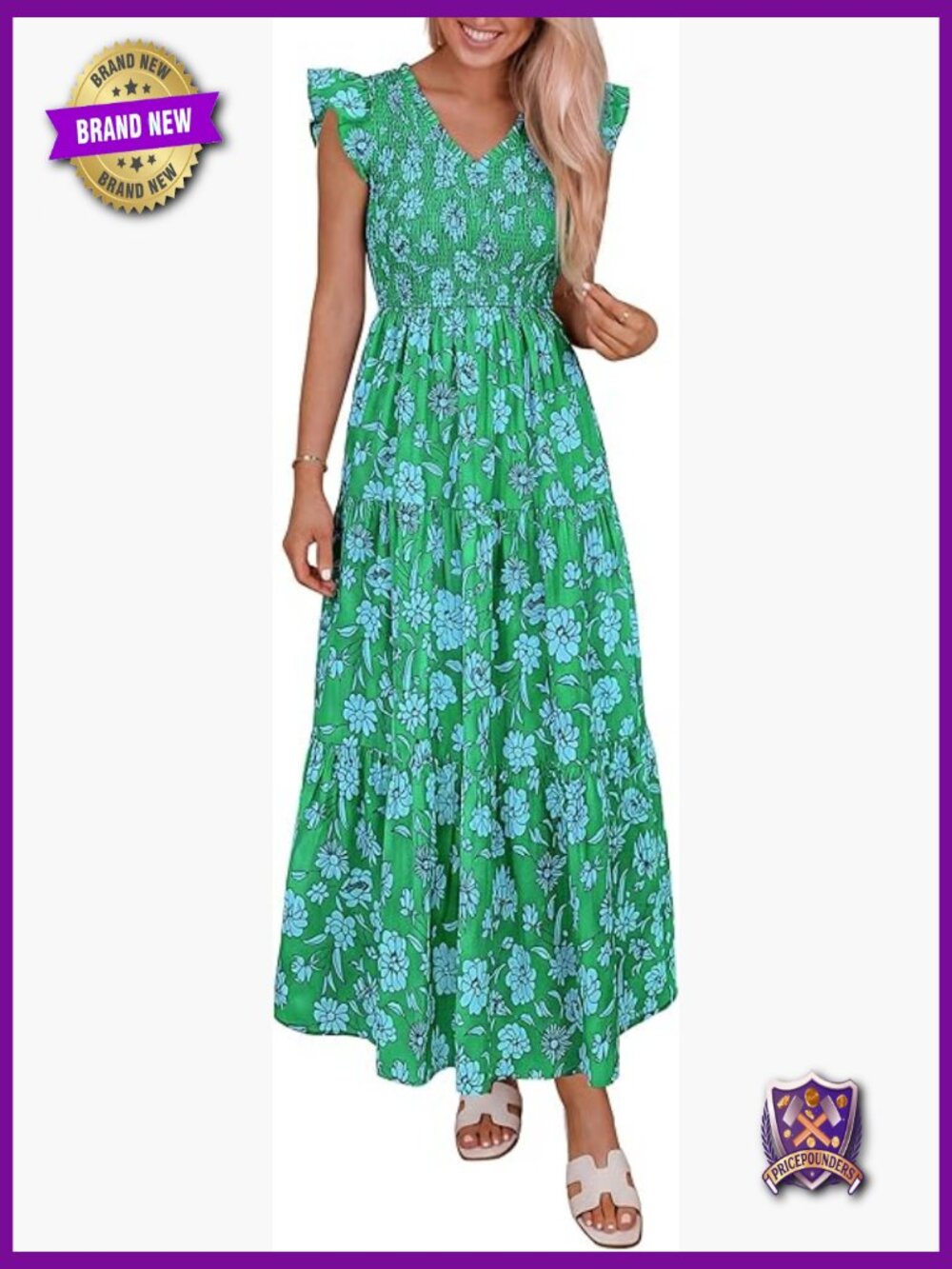 Boho Floral Maxi Dress Smocked V Neck Ruffle Sleeve Beach